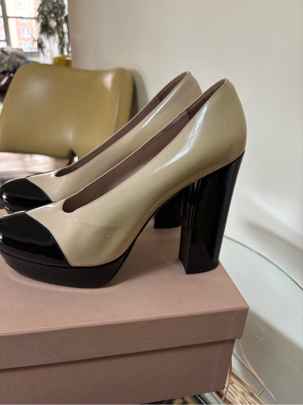 Miu Miu Two-Tone Patent Block Heel Pumps in Cream and Black